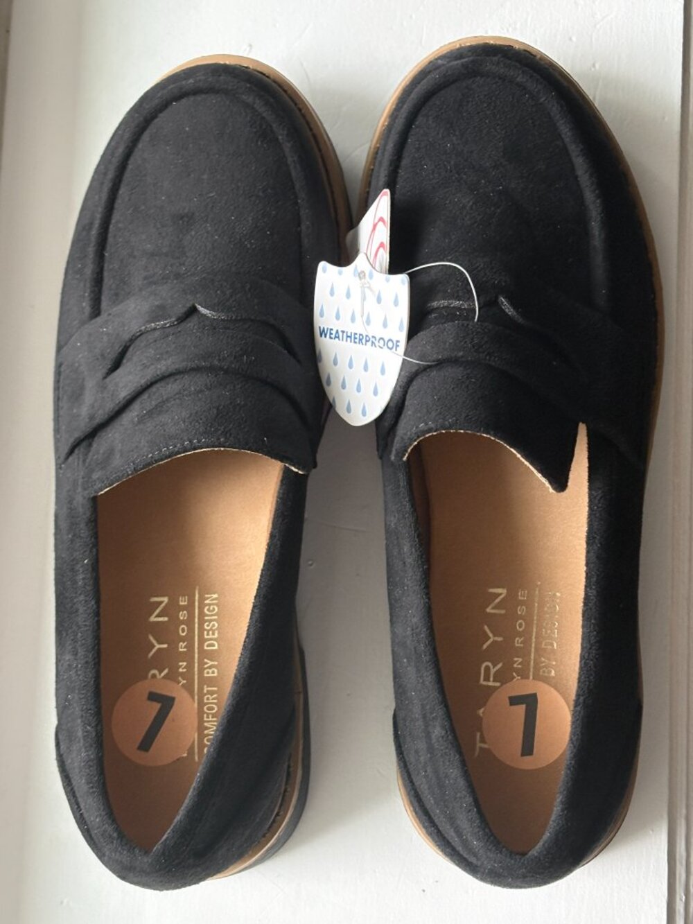 Taryn Rose Black Suede Penny Loafers w/ Lug Soles, NWT, Size 7